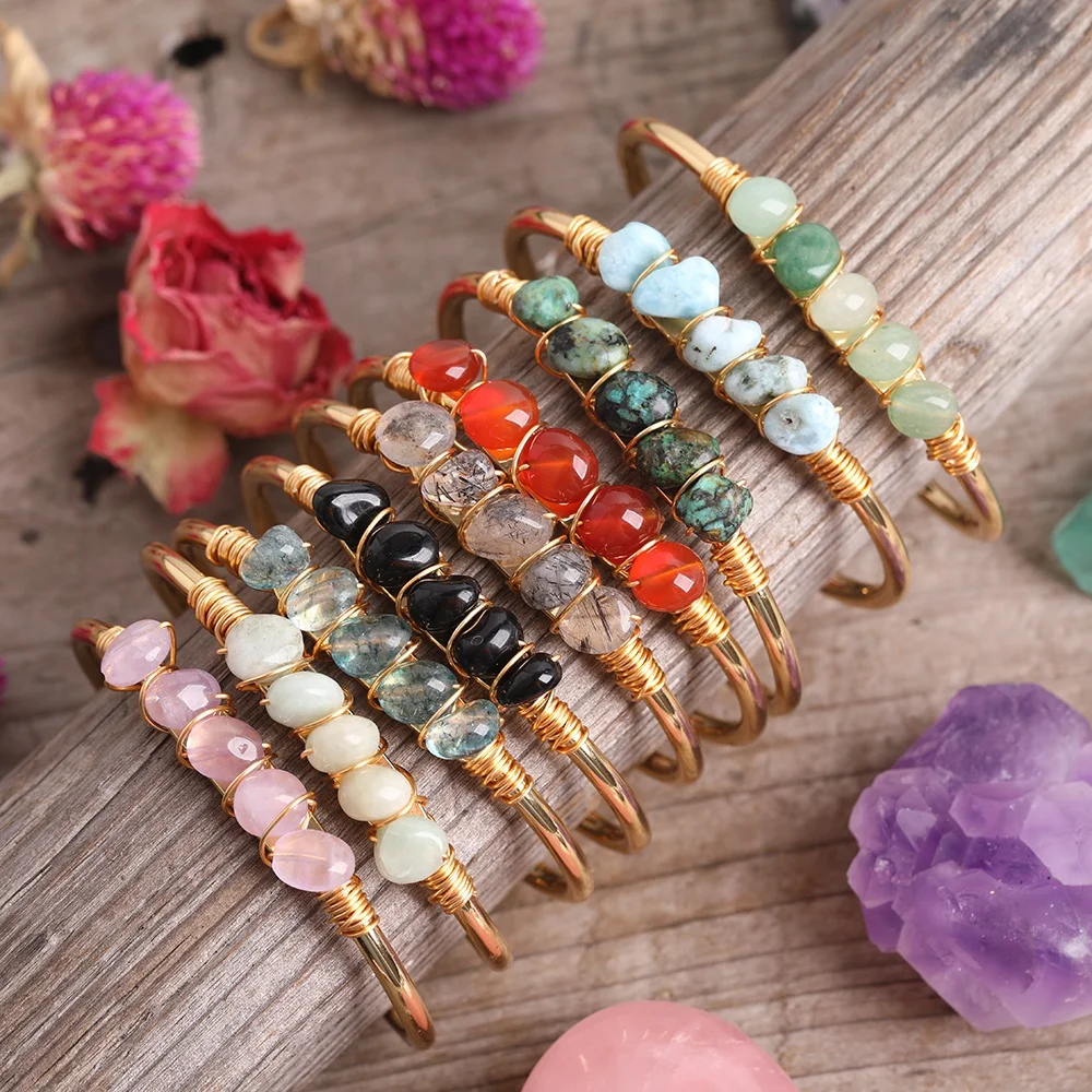 

Fashion Jewelry Boho Style Natural Gemstones Nuggets Chips Beads Bangles,Gold Wire Wrapped Copper Beaded Bangle, Various