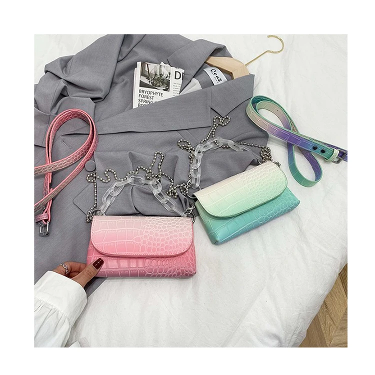 

Gradient Color Belt Purses Crocodile Pattern Mini Waist Chest Bags Acrylic Chain Crossbody Bags Women Fashion Small PU Handbags