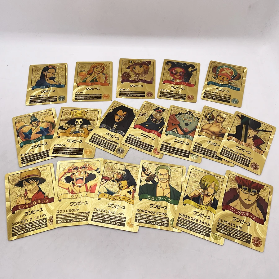 

18 DesignsJapanese Anime One Piece Gold Foil Collection Cards Monkey D Luffy Sanji Nico Robin Nami Sabo Shanks Gold Ticket