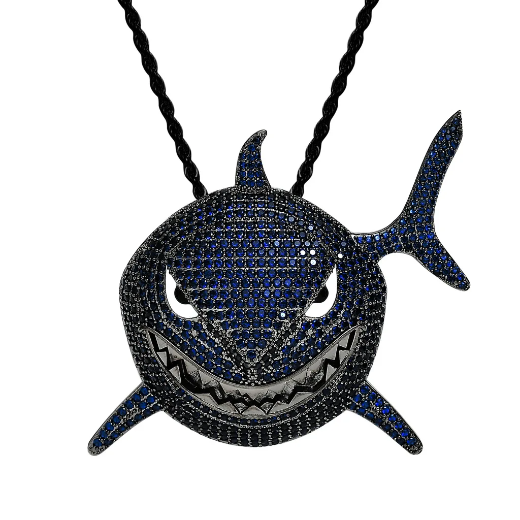 

European Men's Rock Rap Hips Hops Jewelry Micro Pave Blue Cubic Zirconia CZ Stone Bling Iced Out Animal Shark Pendant Necklace