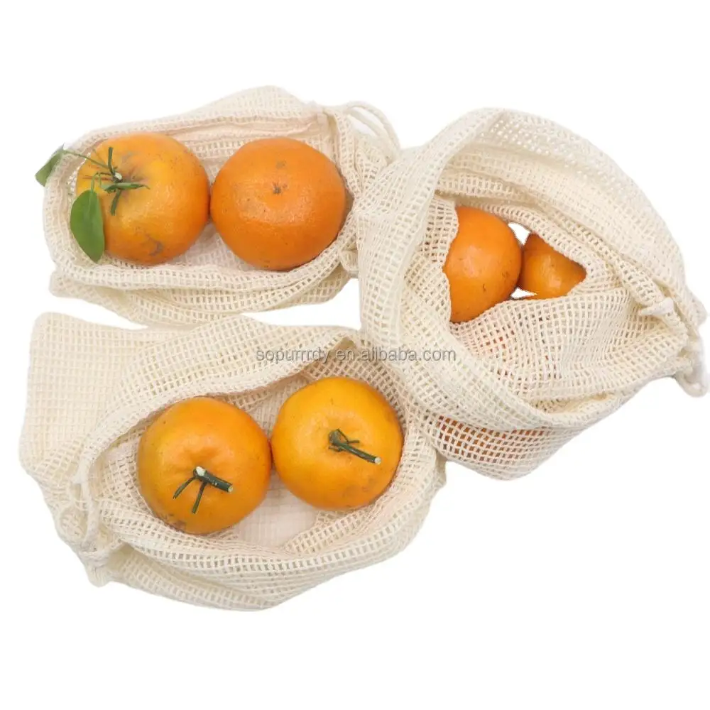 

Custom Logo Label Cheap Reusable Mesh Cotton Produce Bags Drawstring Fruits Vegetables Mesh Muslin Bag, Natural color