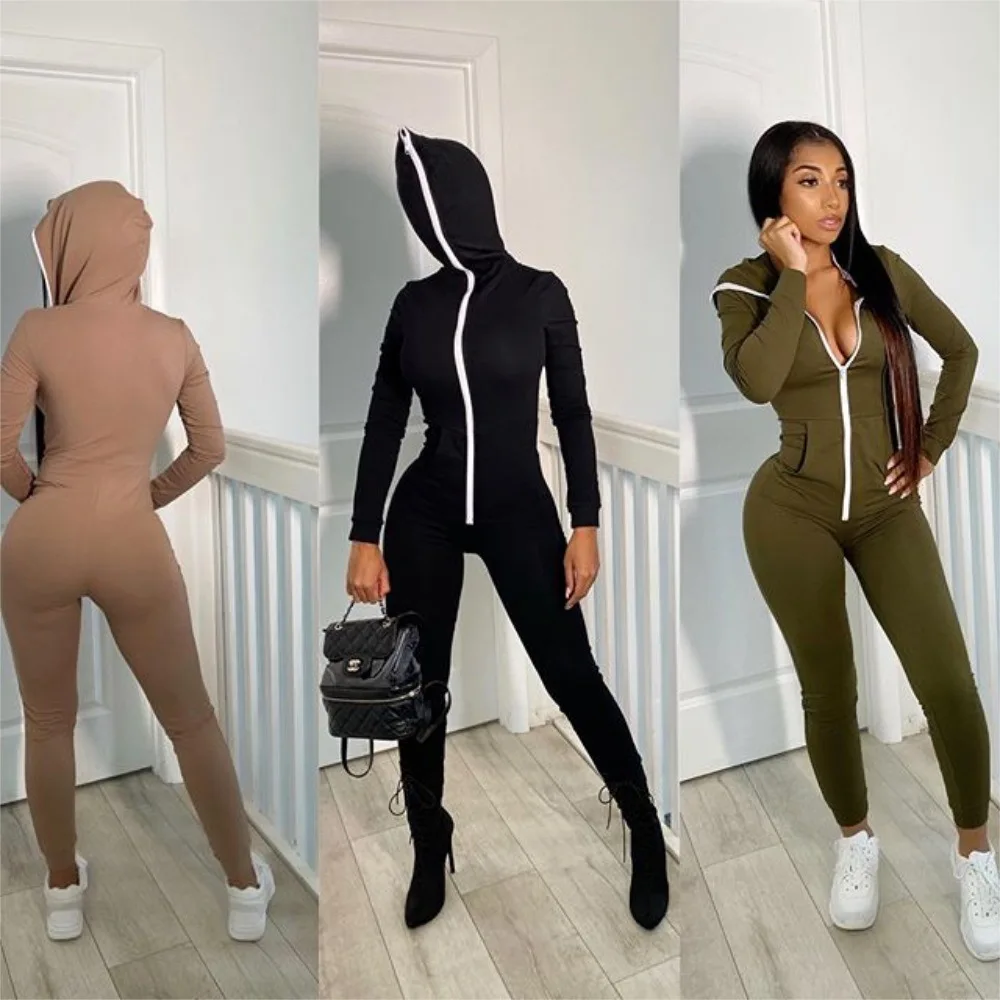 

9S4U Women Zipper Jumpsuit Hooded Women's One Piece Playsuit Pockets fitness 2020 Full Sleeve Yoga Jumpsuit Workout Female Cloth, Customized color