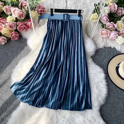 

2020 New Fashion Women Vintage Velvet A Line High Waist Elastic Pleated Skirt