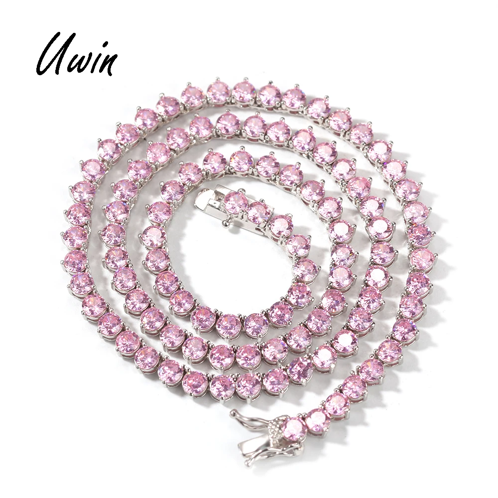 

Iced Out Pink CZ Tennis Chain 3 Prong Setting Necklace Baby Pink Zircon 1Row Tennis Chain Women Rapper Jewelry, Three prong setting pink cz tennis chain