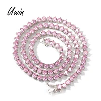 

Iced Out Pink CZ Tennis Chain 3 Prong Setting Necklace Baby Pink Zircon 1Row Tennis Chain Women Rapper Jewelry