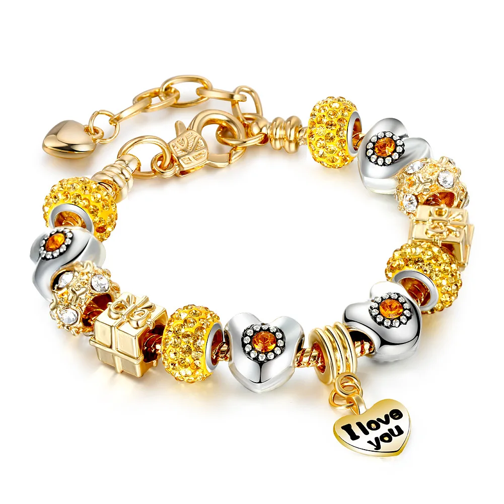 

European Fashion Gold Crystal Rhinestone Spacer Charm Bracelet Jewelry Making Gifts Heart Letter Charm Bracelet for Women