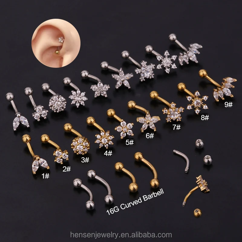 

YICAI Copper Curve Gold Silver Flower Cz Barbell Labret Ear Daith Tragus Helix Snug Eyebrow Stainless Steel Piercing Jewelry, Silver / gold