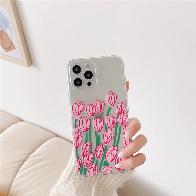 

Pretty Pink Tulip Phone Case Girl's Transparent Cover for iPhone 12 11 XS XR 7 8 Plus