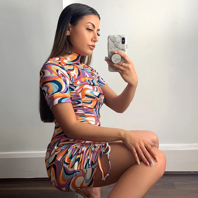 

Elegant Mini Pleated Dress Short Sleeve Bandage O-neck Party Wear Summer Clothing