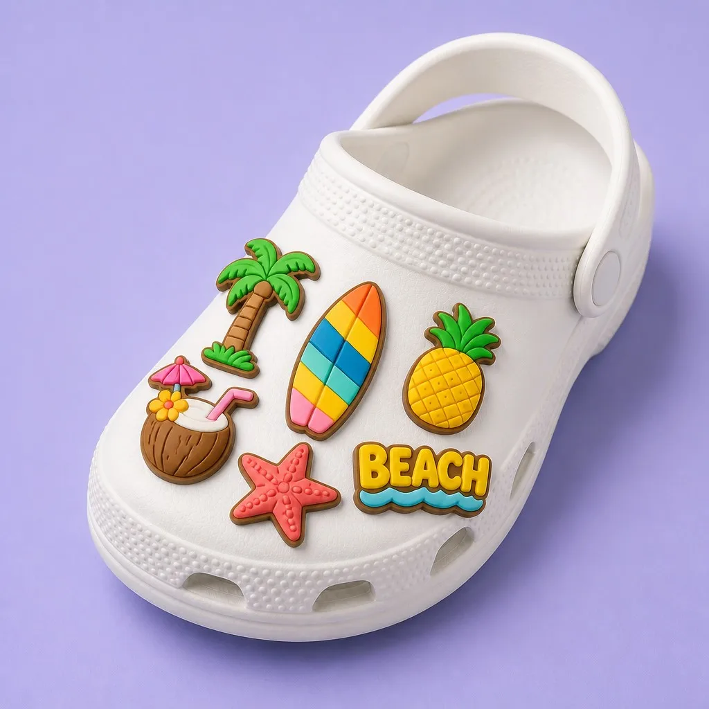 Single white clog decorated with a palm tree, striped surfboard, pineapple, coconut drink and starfish charms