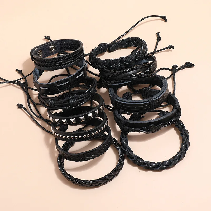 

Europe Fashion Trendy Jewelry Simple Retro Multi-layer Black Woven Leather Bracelet Diy Combination 12-piece Bracelet For Men