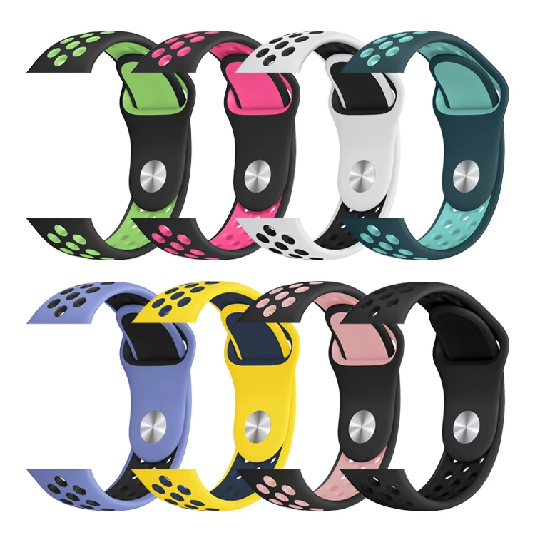 

Double-colors Silicone Rubber Watch Band with Breathable with Metal Buckle Replacement Strap for Apple Watch 38mm 40mm 42mm 44mm, Multi-color optional or customized