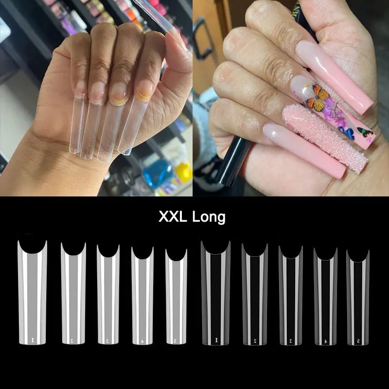 

500pcs XXL Long C Curved Artificial Square Acrylic French False Tip Nail Art Extra Long Nails Tips, Clear/natural