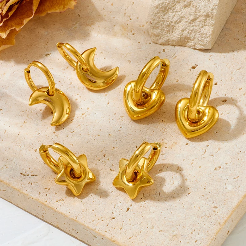 

Simple Stainless Steel Star Moon Heart Earrings Hypoallergenic Gold Circle Huggie Hoop Earrings Women Fashion Jewelry