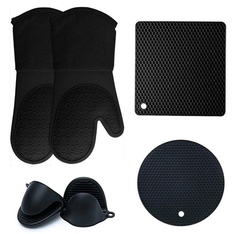 

Amazon Hot Sale Silicone Oven Mitts and Pot Holders, Heavy Duty Cooking Gloves, Kitchen Counter Safe Trivet Mats, Black