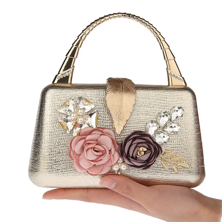 

New Fashion Leaf Flower Sequined Clutch Wedding Party Bride Hand Bag Chain Shoulder Bag Evening Bag, 5 colors