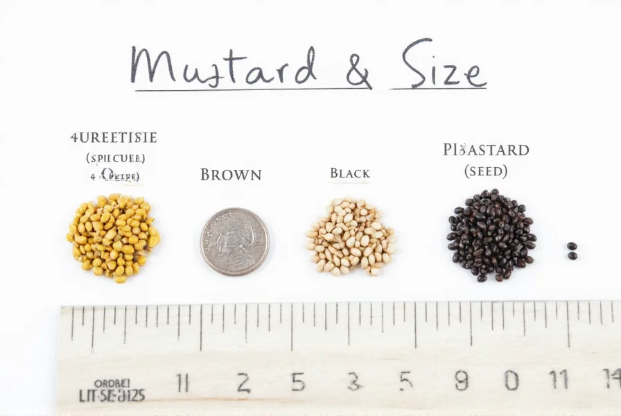 Mustard seed size comparison chart showing yellow, brown, and black mustard seeds next to common objects: dime, pencil tip, sesame seed, and ruler measurements