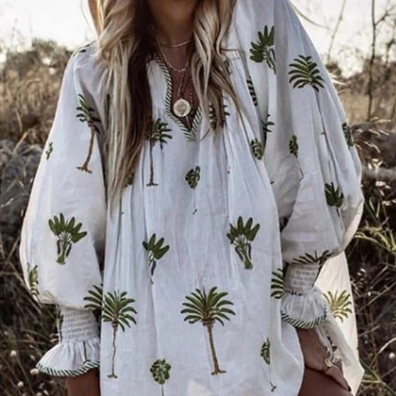 

Summer Plus Size Boho Floral Print Dress Women Lantern Long Sleeve Loose Dresses V Neck Beach Mini Dress