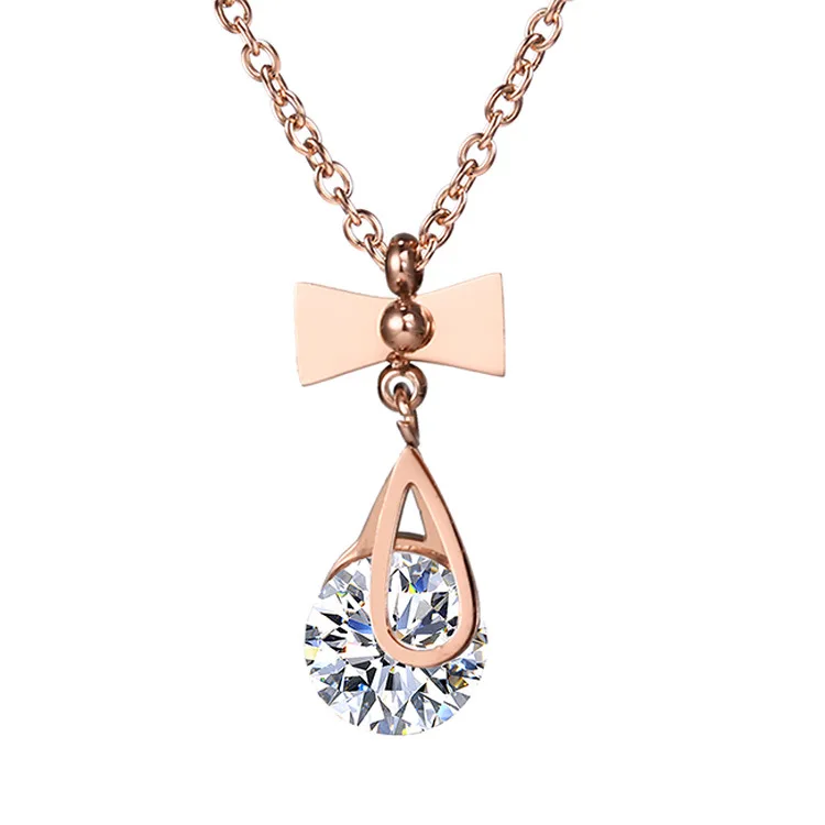 

Stainless Steel Rose Gold Plated Pinched CZ Stone Bow Pendant Necklace