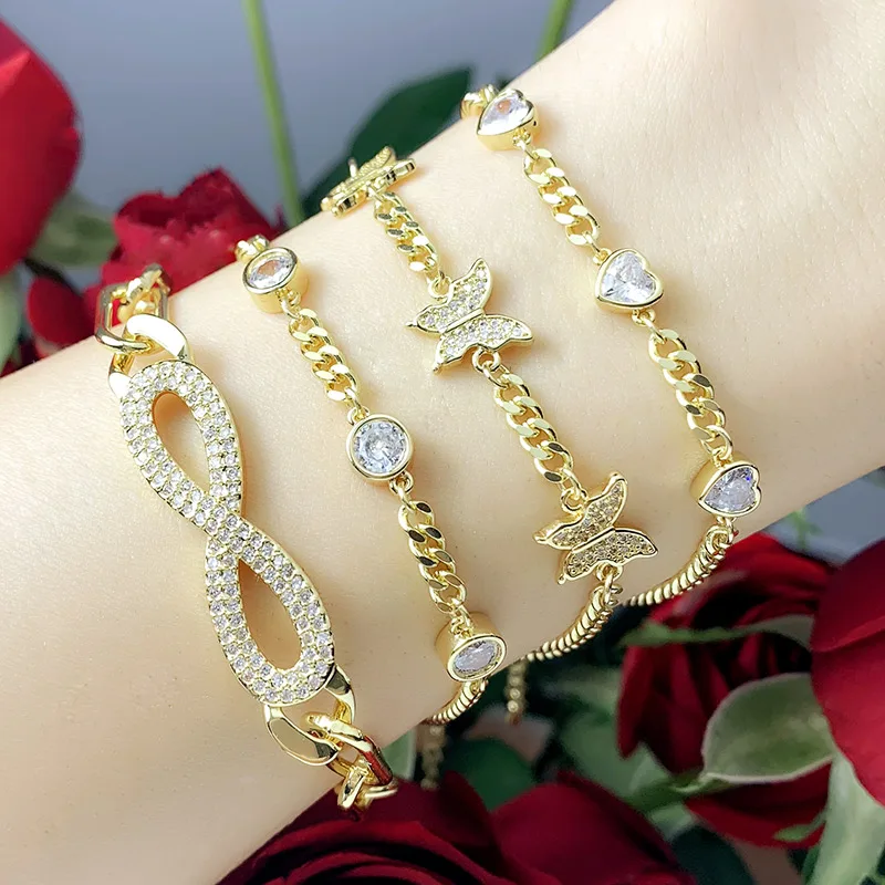 

HOVANCI 3 Butterfly Iced Outed White Zircon Gold Plated Dainty Tennis Cz Diamond Jewelry Chain Link Bracelet For Women Ladies