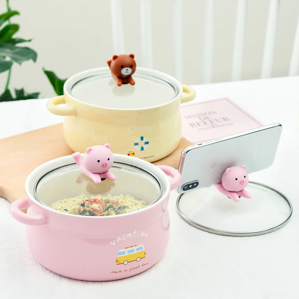 

Hot Sale Cute Yellow Bear 32oz Big Ceramic Bowl with Lid and Handle for Soup Rice Salad Instant Noodle Vegetables Fruit, Customized color