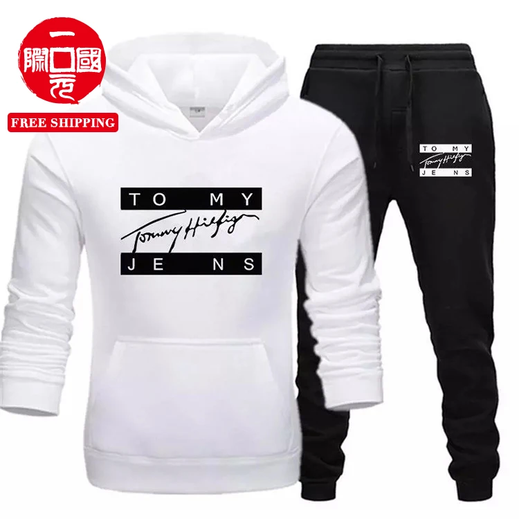 

Men's Casual Sports Sweater Suit Printed Hooded Plus Fleece Autumn and Winter Suit Sportswear Leisure Sports Two-piece Suit