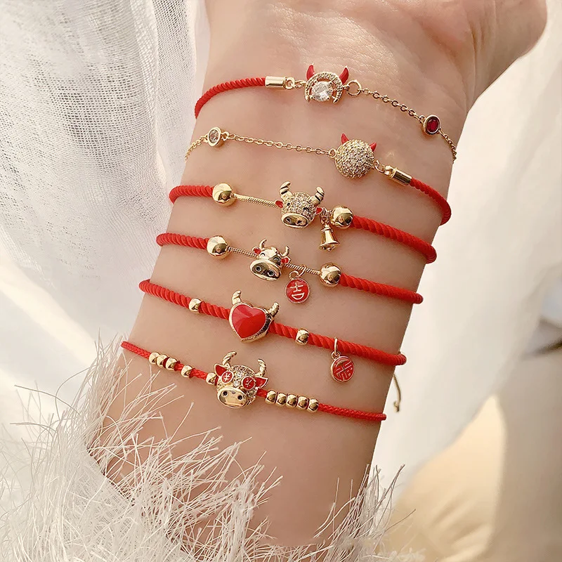 

Woven Friendship Bracelet Zodiac Red Rope Gold Plated Diamond Bracelete Cute Gifts Crystal Braclets For Women