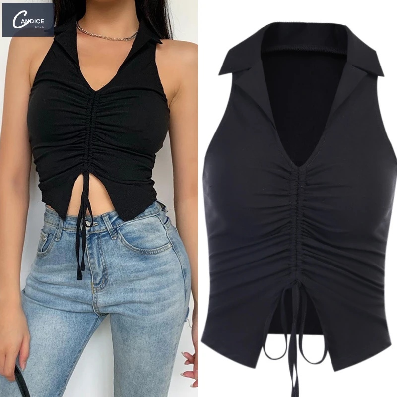 

Candice hot sale sexy solid color turn down neck drawcord pleated ruched backless sleeveless plain cute women crop top t shirts