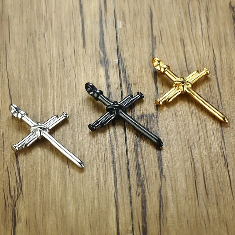 

2021 Amazon Hot Sale Stainless Steel Cross Nail Punk Men's Simple Golden Steel Black Pendant Necklace, Picture