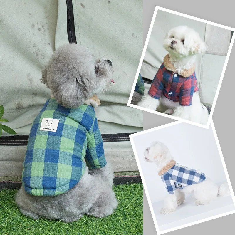 

Autumn and winter plaid lamb fur collar pet cotton clothes cute warm dog clothes, As shown in details
