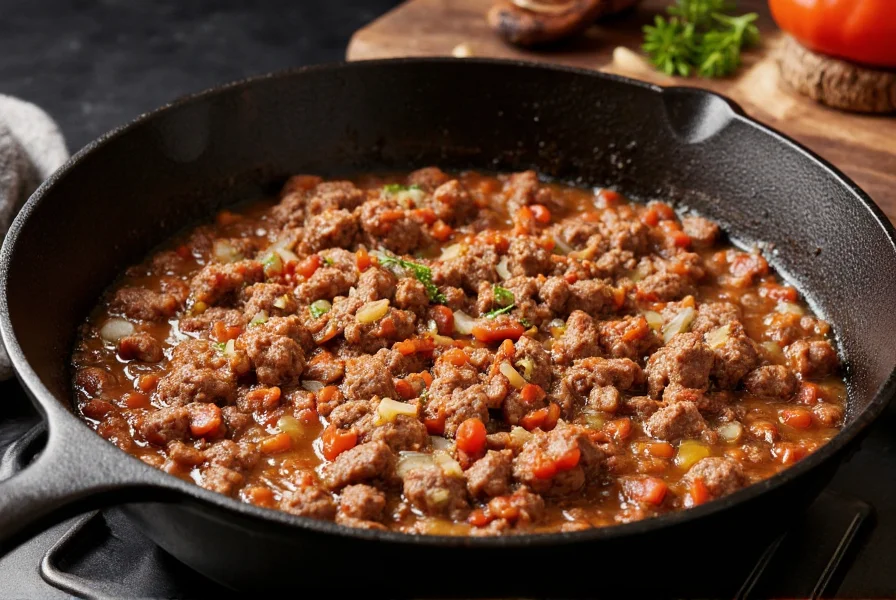 Cast iron pot with sizzling ground beef and onions for hamburger chili recipe
