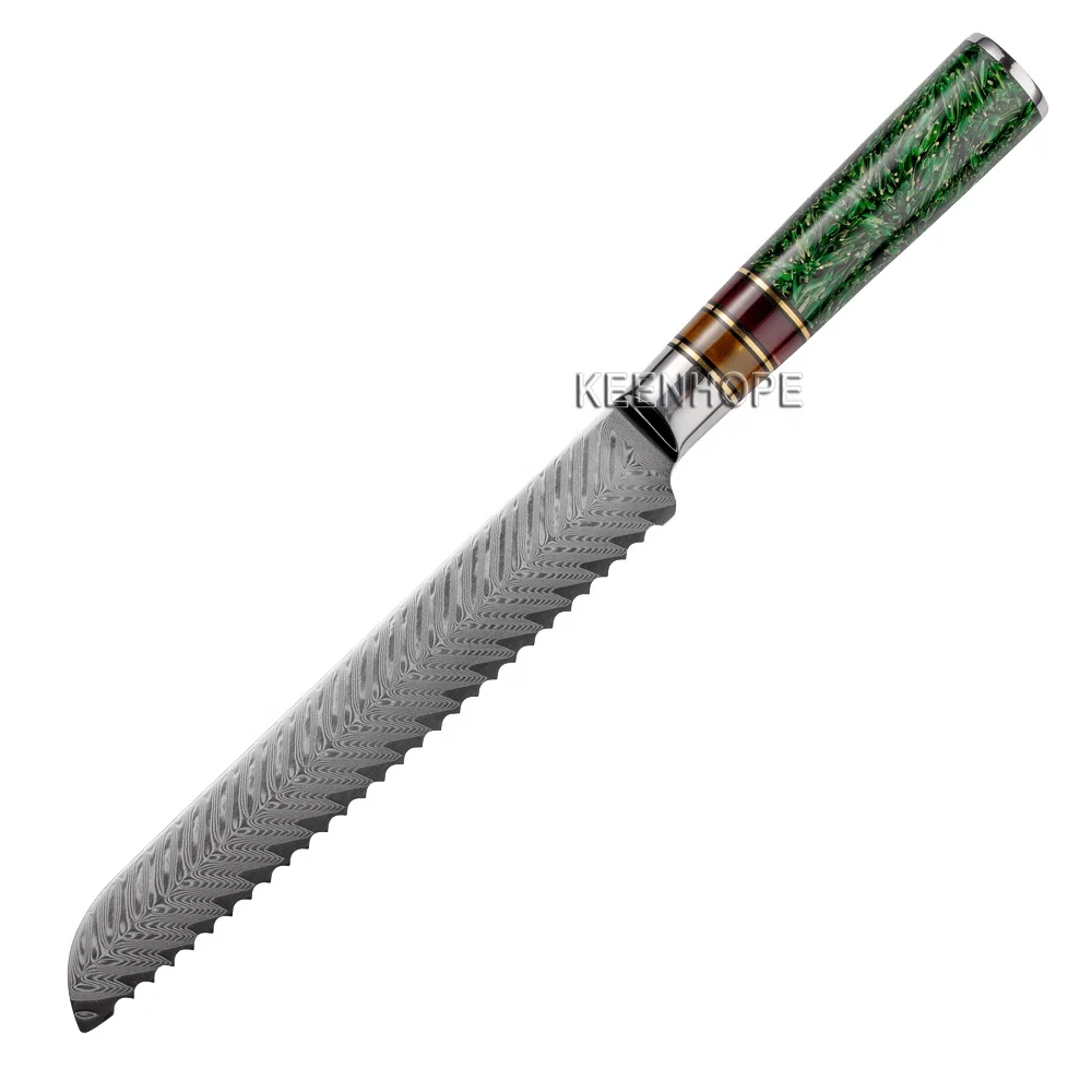 

7.5 inch Bread Knife Damascus Kitchen Knife 67 Layers Damascus Steel with Acrylic Handle Green