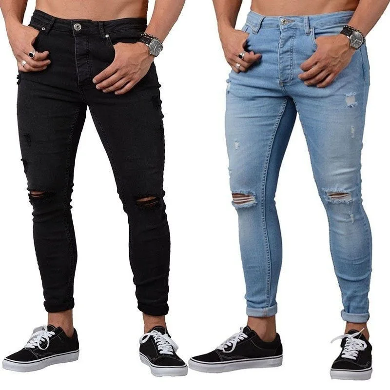 

High Quality Jines Man Jeans Denim Super Skinny With Hole Ripped Slim Distress Stretchy Jeans