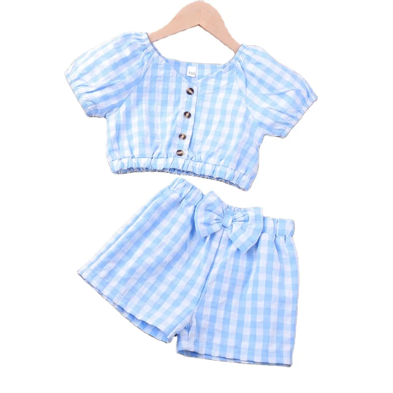 

IHJ5430 summer new little girls plaid top + bow shorts two-piece sets kids clothing