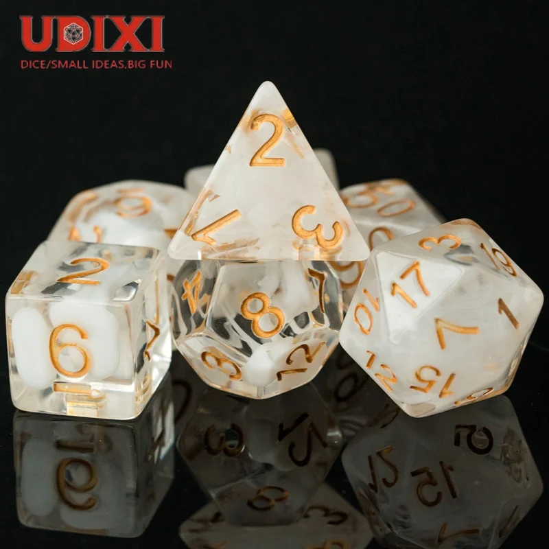 

Udixi White Swirl Polyhedral Plastic DND RPG Resin Dice with Gold Font