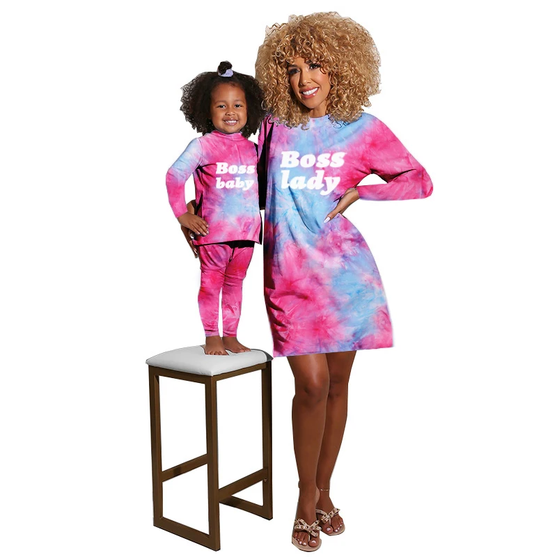 
Mommy and Me Outfits Fall Dresses for Women Tie Dye Sets Long Sleeve Two Piece Set Family Matching Pajamas 
