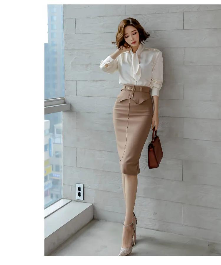 

2020 New Fashion 2 pieces korean office dresses bow decoration shirt with straight bodycon skirt formal dresses, As pic
