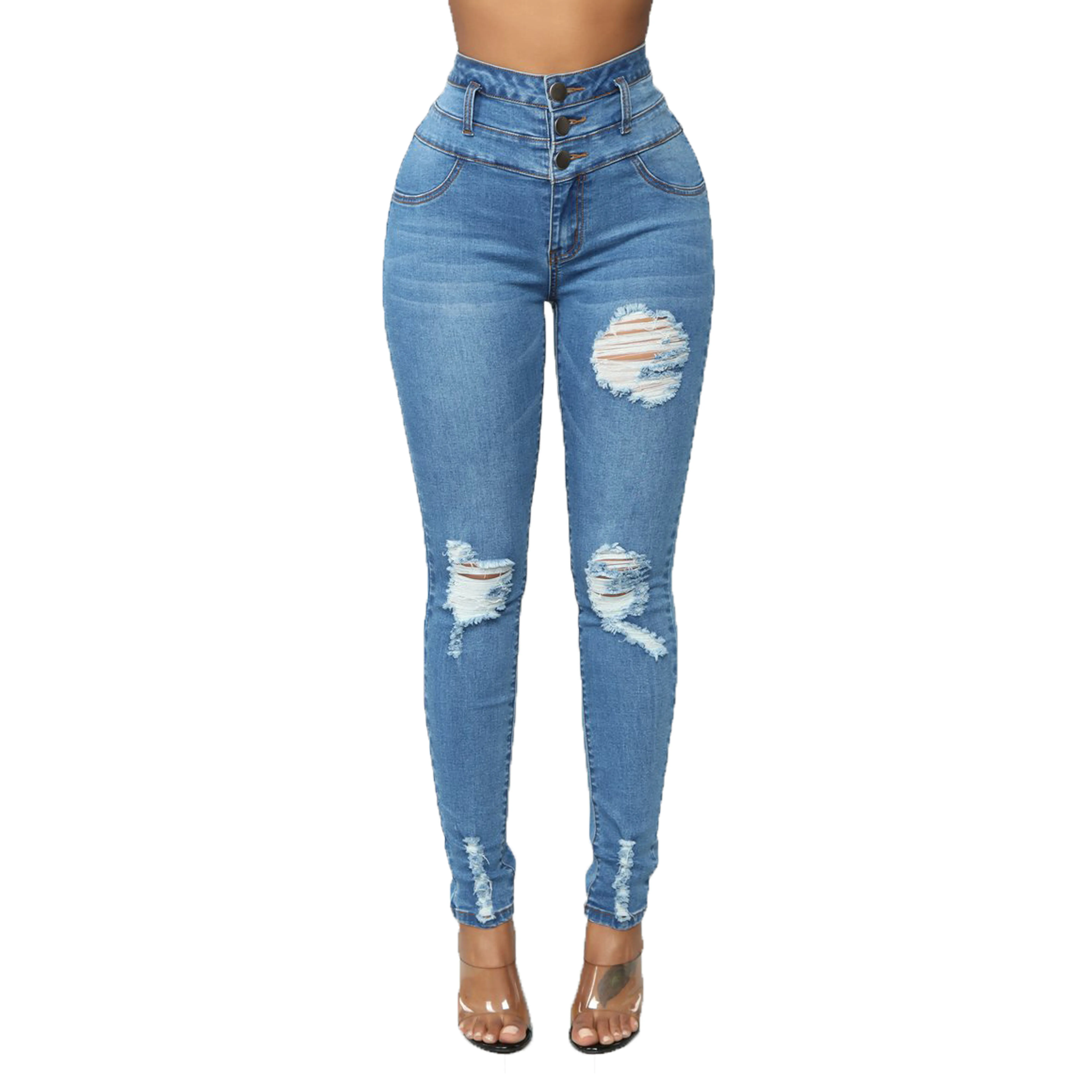 

Fashion Sexy Hot High-waisted Button Fly Super Stretch Skinny Destroyed Ripped jeans Women Washed denim long pencil pants Ladies, Blue