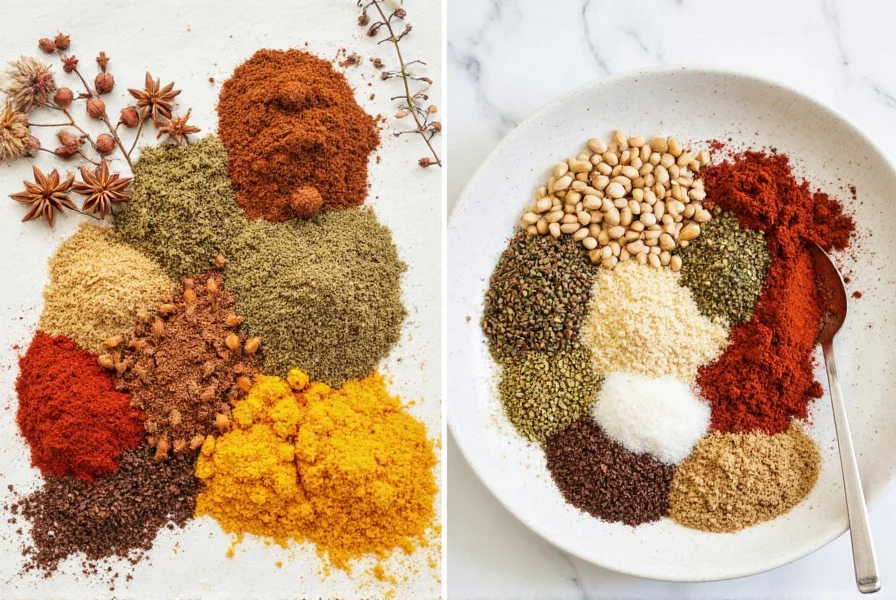 Assorted spices arranged neatly