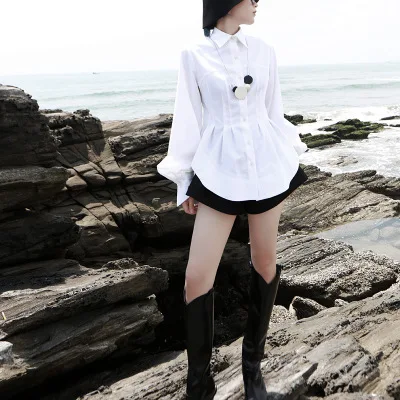 

White shirt female summer 2020 new style high waist fashion design puff sleeve blouse with big arc hem