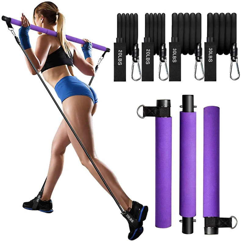 

3 section pilates bar with resistance bands, Pink,blue,black,purple
