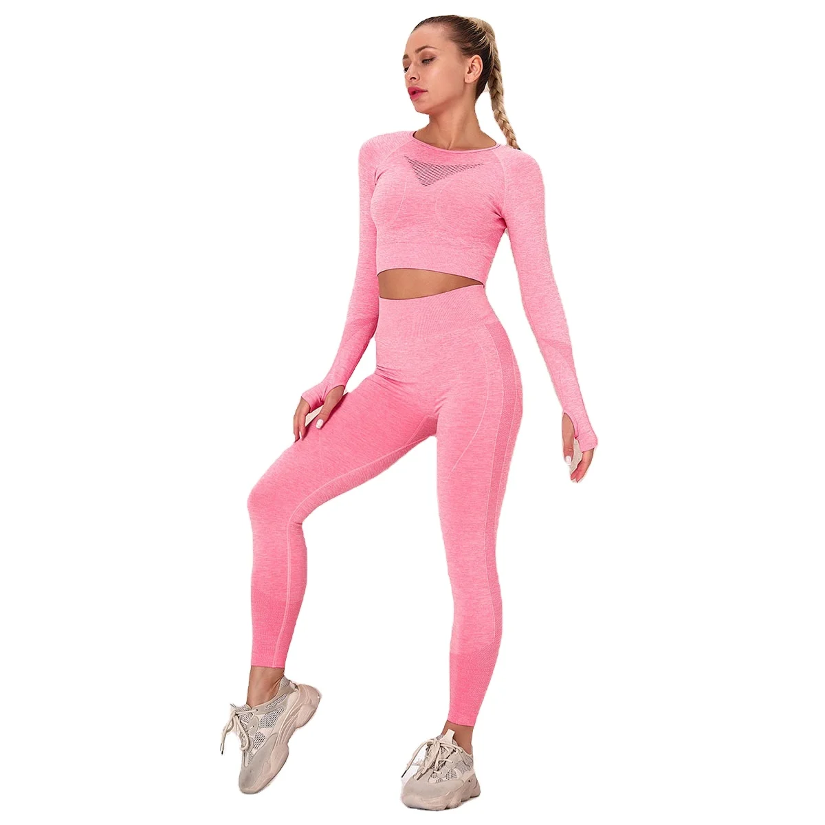 

seamless women yoga gym sets fitness sports sportswear long sleeve crop top and leggings workout