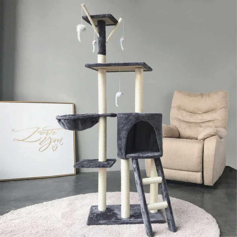 

Wholesale New High Quality Tall Huge Furniture Cute Solid Modern Straw Wall Big Wooden Wood Floor To Ceiling Large Cat Tree, Black, beige