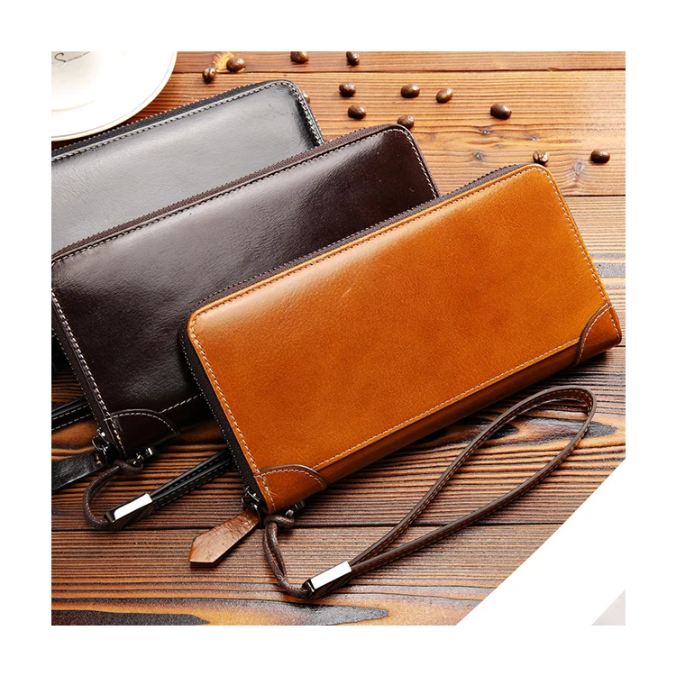 

Brand Design Men's Wallet Genuine Leather Wallet Zipper Oil Wax Skin Real Leather for men, Customized color