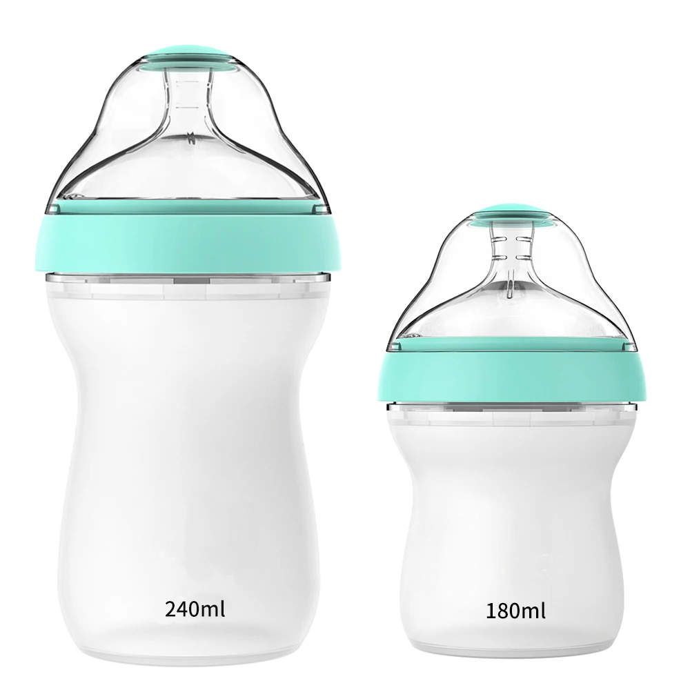 

2pcs Liquid Silicone New Born Baby Bottles Set Anti-Colic Natural Feel Non-Collapsing Nipple Non-Tip Stable Base Easy to Clean, Customized color