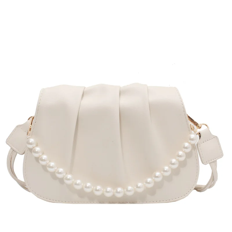 

2022 Wholesale Customized PU Leather New Pearl Chain Cloud Pleated Dumpling Handbags, White, black, yellow, blue or customized