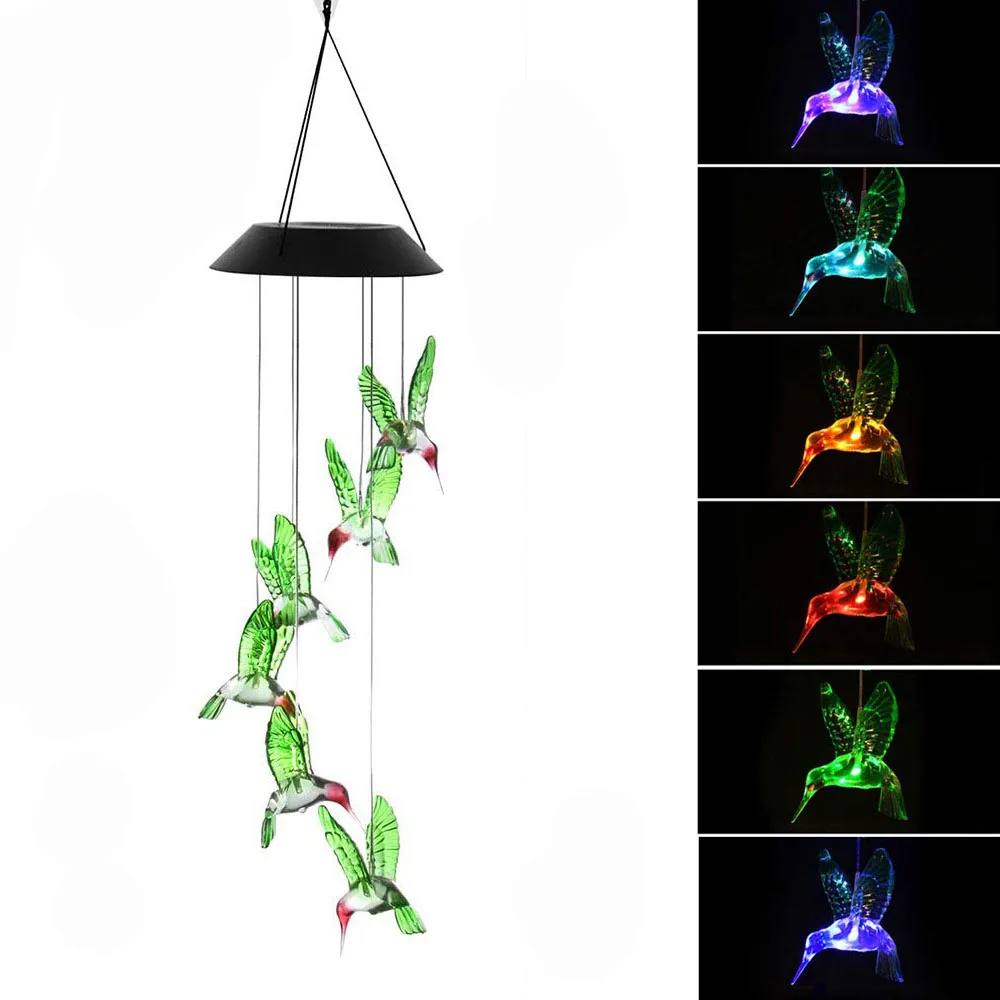 

LED Solar Hummingbird Wind Chime Changing Color Waterproof Six Hummingbird Wind Chimes for Home Party Night Garden Decoration, Transparent/colorful