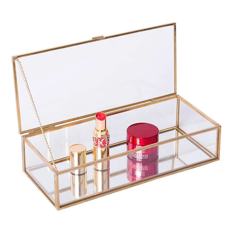 

DDA1956 Square Gold Jewellery Case Organizer Nail Polish Cosmetic Trinket Storage Box Bedroom Lipstick Clear Glass Jewelry Boxes