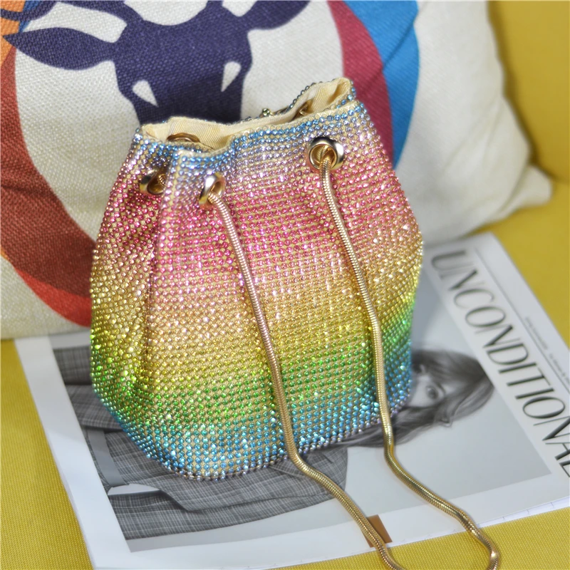 

Fancy Crystal Colorful Clutch Shoulder Bucket Women Evening Bag for Party Wedding Rainbow Crystal Diamond Shoulder Purse