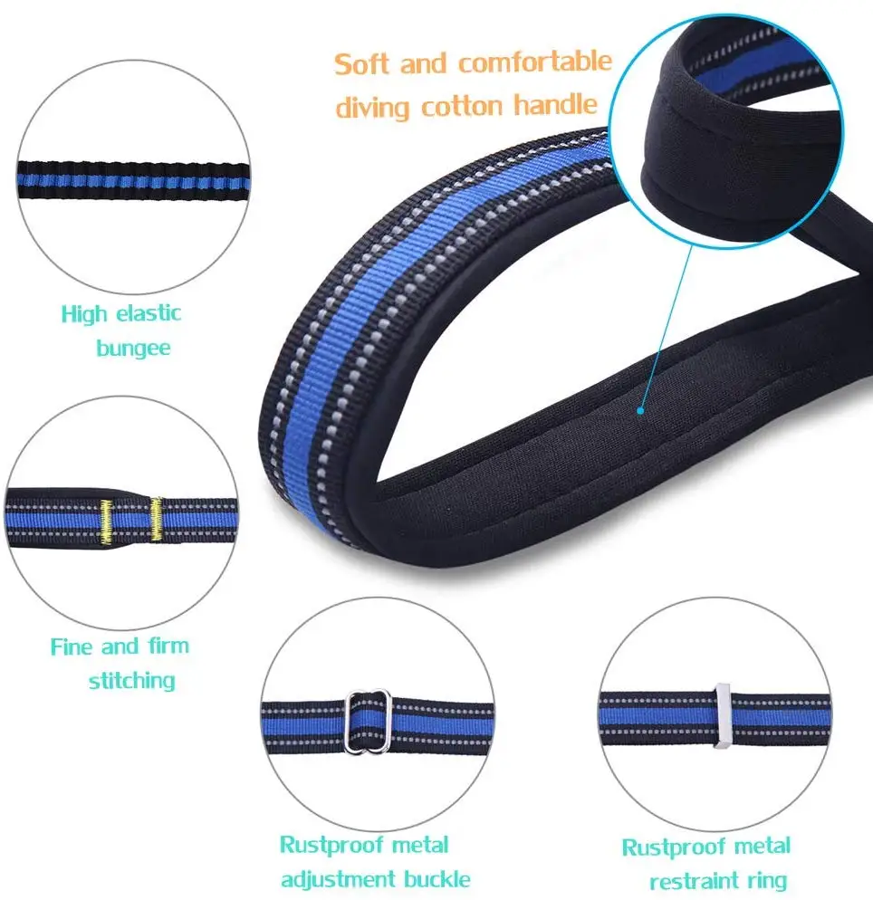 Reflective Nylon Dual-use Bungee Walking Training Leash with Soft Padded Handle for Two Medium Large Dogs